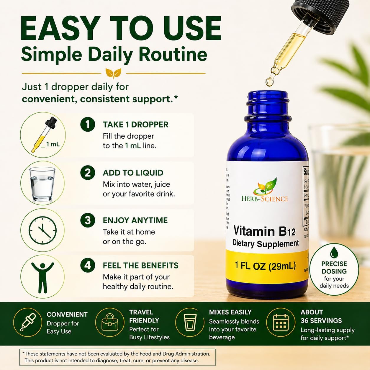 Herb-Science Vitamina B12 Líquida – Gotas Sublinguales de Cianocobalamina, Vegano, Sin Alcohol, 30 ml