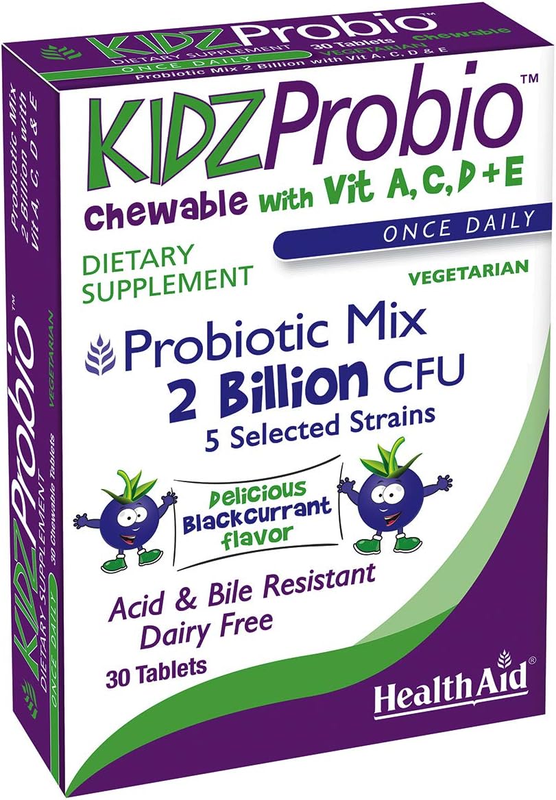 HealthAid KidzProbio Probiótico Masticable para Niños – 2 Mil Millones UFC, 5 Cepas + Prebiótico y Vitaminas A, C, D, E – Sabor Grosella Negra – 30 Comprimidos