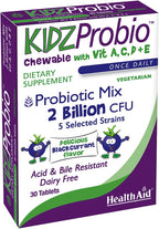 HealthAid KidzProbio Probiótico Masticable para Niños – 2 Mil Millones UFC, 5 Cepas + Prebiótico y Vitaminas A, C, D, E – Sabor Grosella Negra – 30 Comprimidos