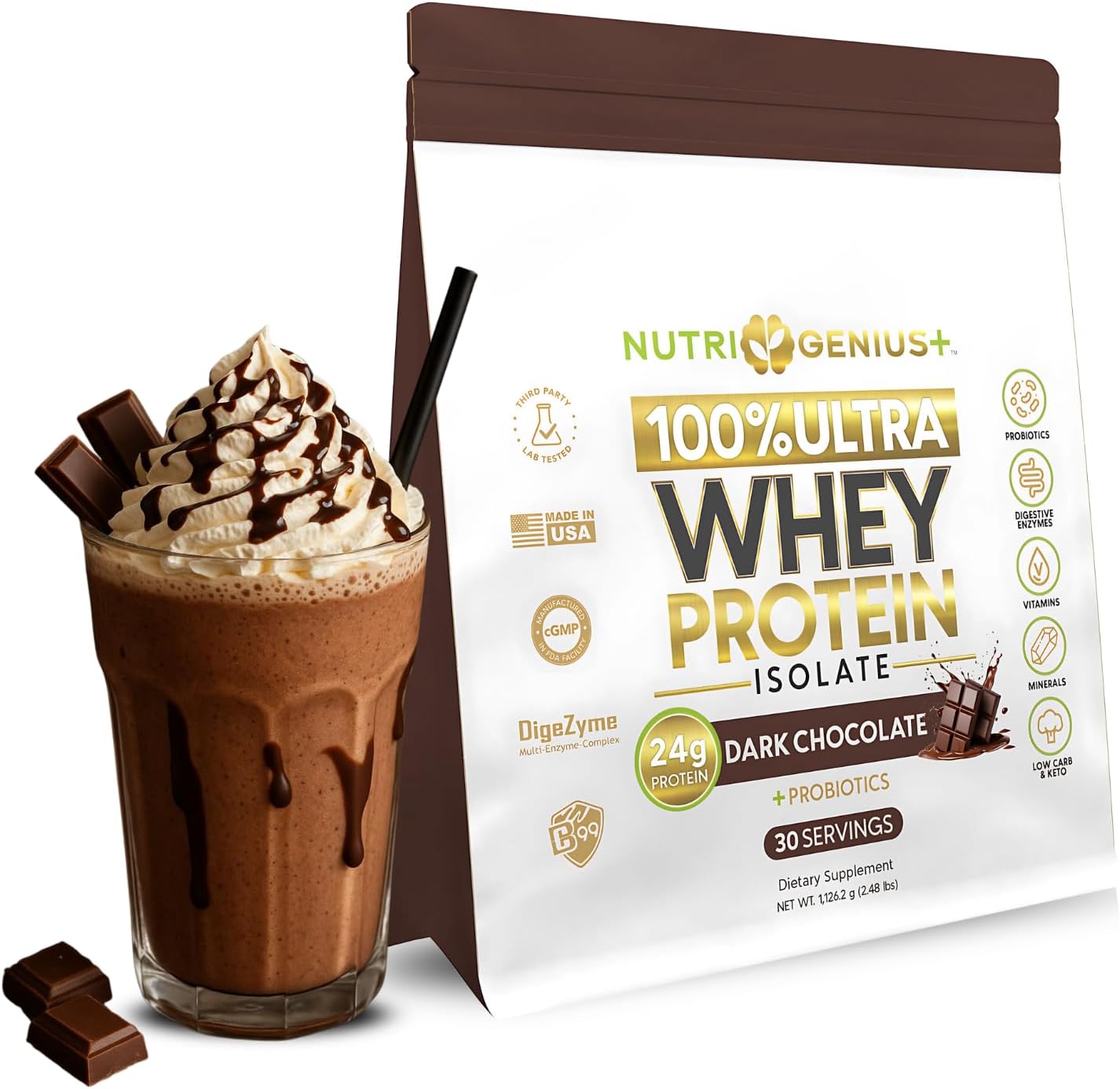 All-in-One Nutrition Whey Protein Isolate with Probiotics, Digestive Enzymes, Vitamins and Minerals, Chocolate, 30 Servings