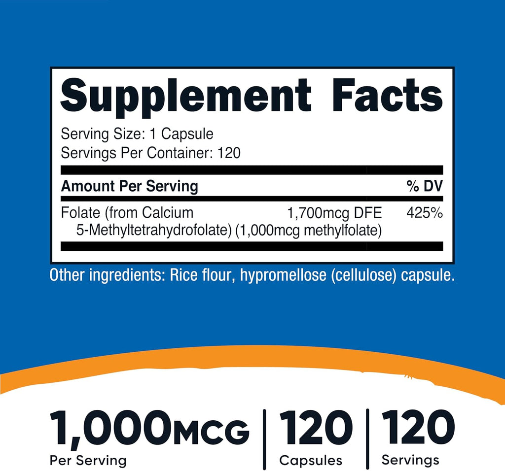 Nutricost Metilfolato 1000mcg, 120 Cápsulas Vegetarianas - Sin Gluten, No-GMO (Folato Metilado)