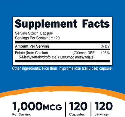 Nutricost Metilfolato 1000mcg, 120 Cápsulas Vegetarianas - Sin Gluten, No-GMO (Folato Metilado) – Image 2