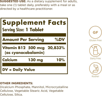 Solgar Vitamina B12 500mcg, 100 Comprimidos – El funcionamiento normal del sistema inmunitario. – Image 2