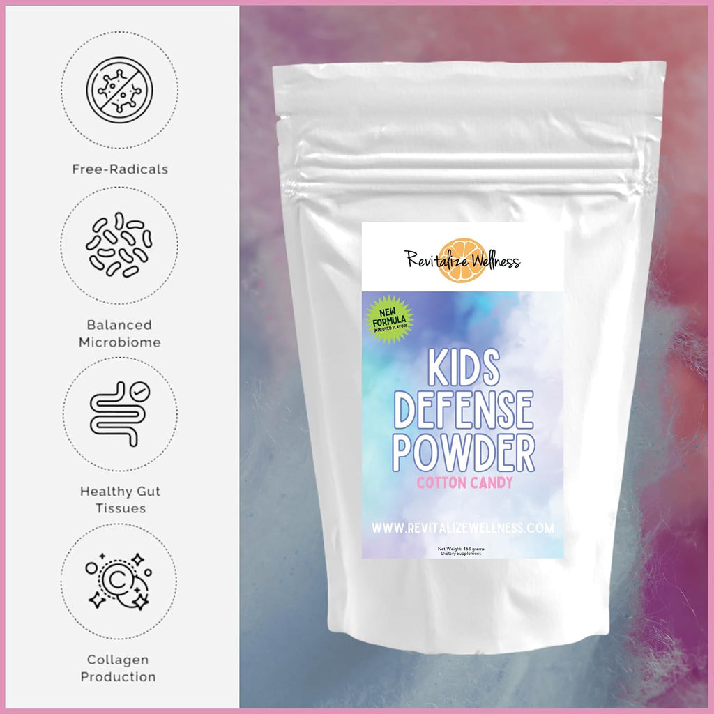 Revitalize Wellness Kids Defense Powder | Nueva fórmula, mejor sabor | Dosis ortomolecular de 1000 mg de vitamina C y 250 mg de B3 | Puro, sin maíz y sin OMG | Sabor a algodón de azúcar | 120 raciones