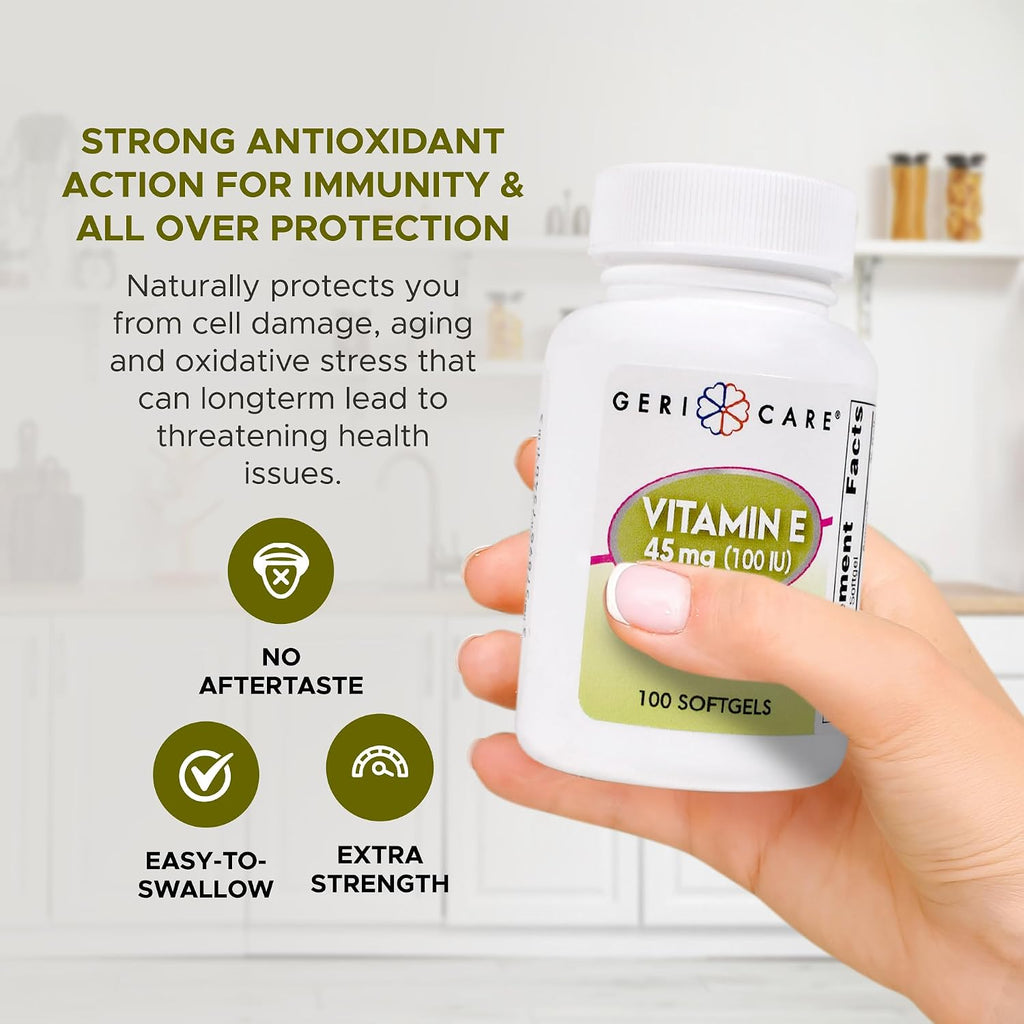 GeriCare High-Potency Vitamin E Capsules – 100 IU for Skin & Immune Support, 45mg | 100 Count | Organic Vitamin E for Women and Men