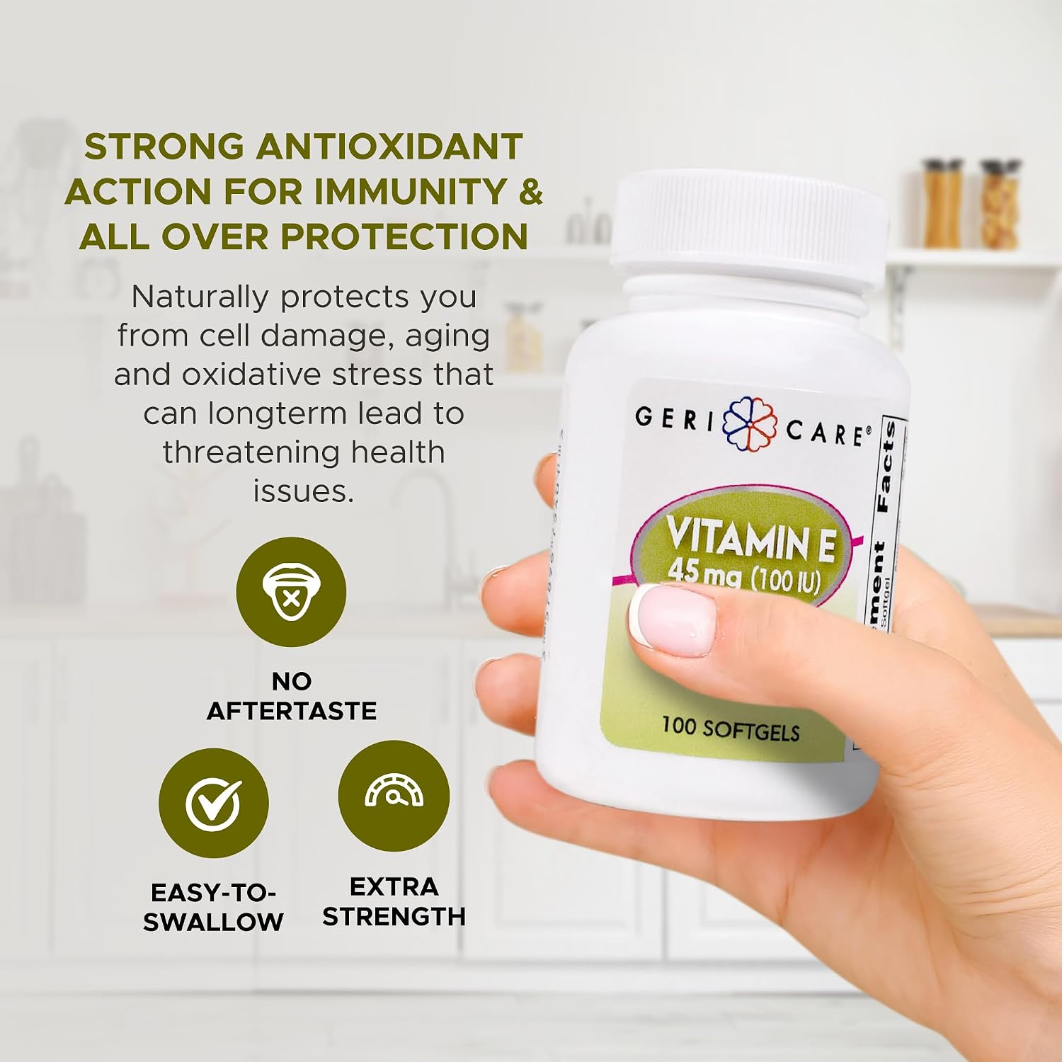 GeriCare High-Potency Vitamin E Capsules – 100 IU for Skin & Immune Support, 45mg | 100 Count | Organic Vitamin E for Women and Men