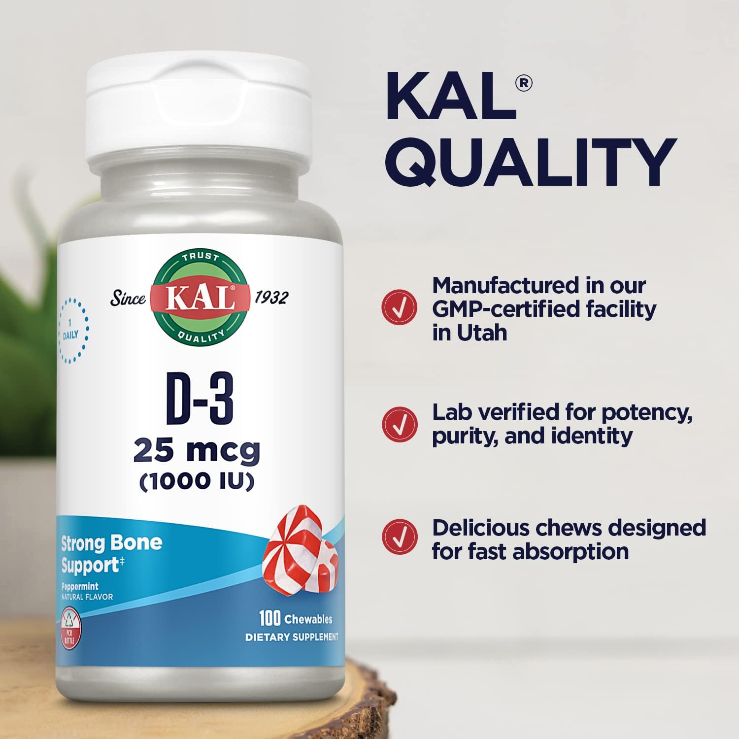KAL Vitamina D3 1000 IU (25 mcg) Comprimibles Sabor Menta Natural