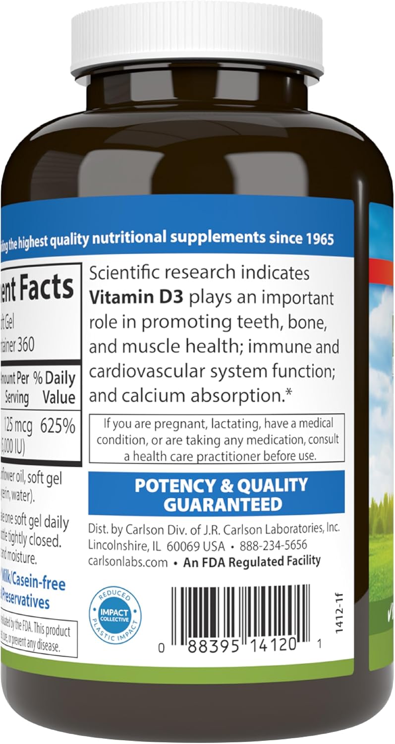 Carlson - Vitamina D3 5000 UI (125 mcg), 360 Cápsulas Blandas para la Salud Ósea y Muscular
