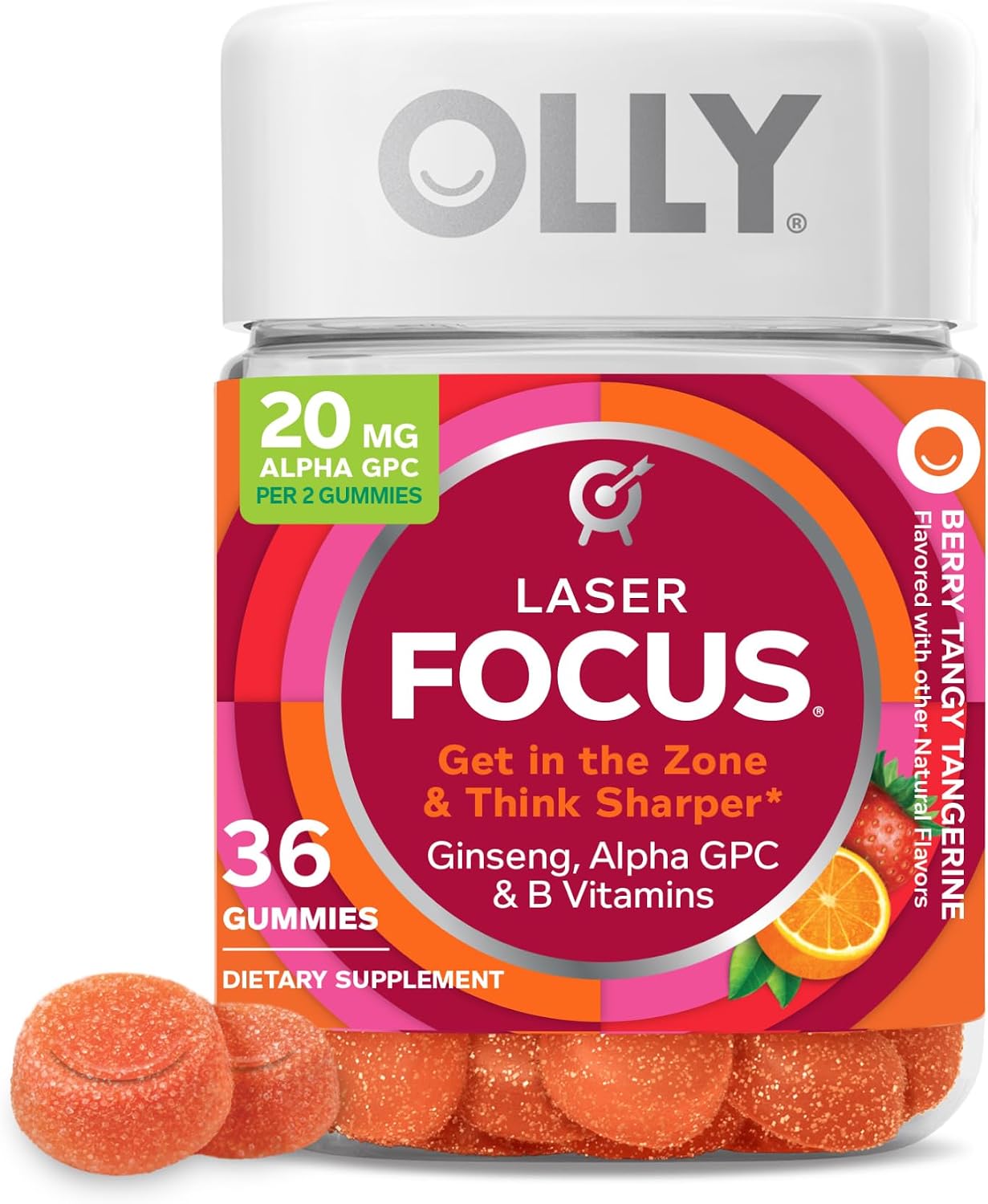 OLLY Laser Focus Gummy - Gominolas para la Concentración con Ginseng, Alfa GPC y Vitaminas B - Sabor Bayas y Mandarina - 36 Gominolas
