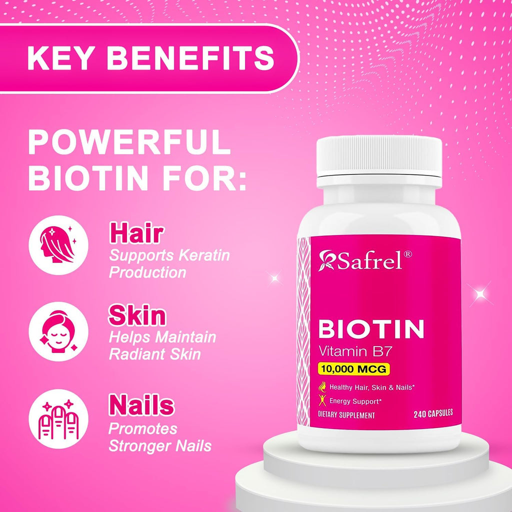 Safrel Biotina (Vitamina B7) 10.000 mcg – 240 Cápsulas Veganas, Sin Gluten