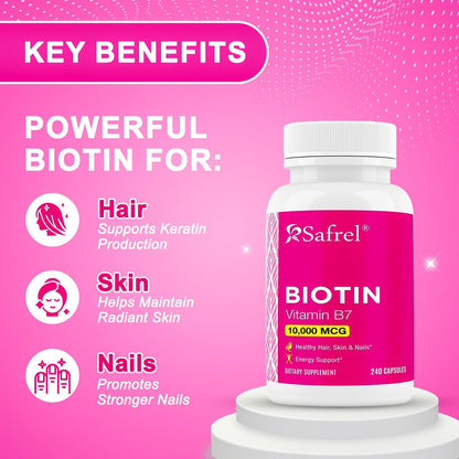 Safrel Biotina (Vitamina B7) 10.000 mcg – – El funcionamiento normal del sistema nervioso. – Image 2