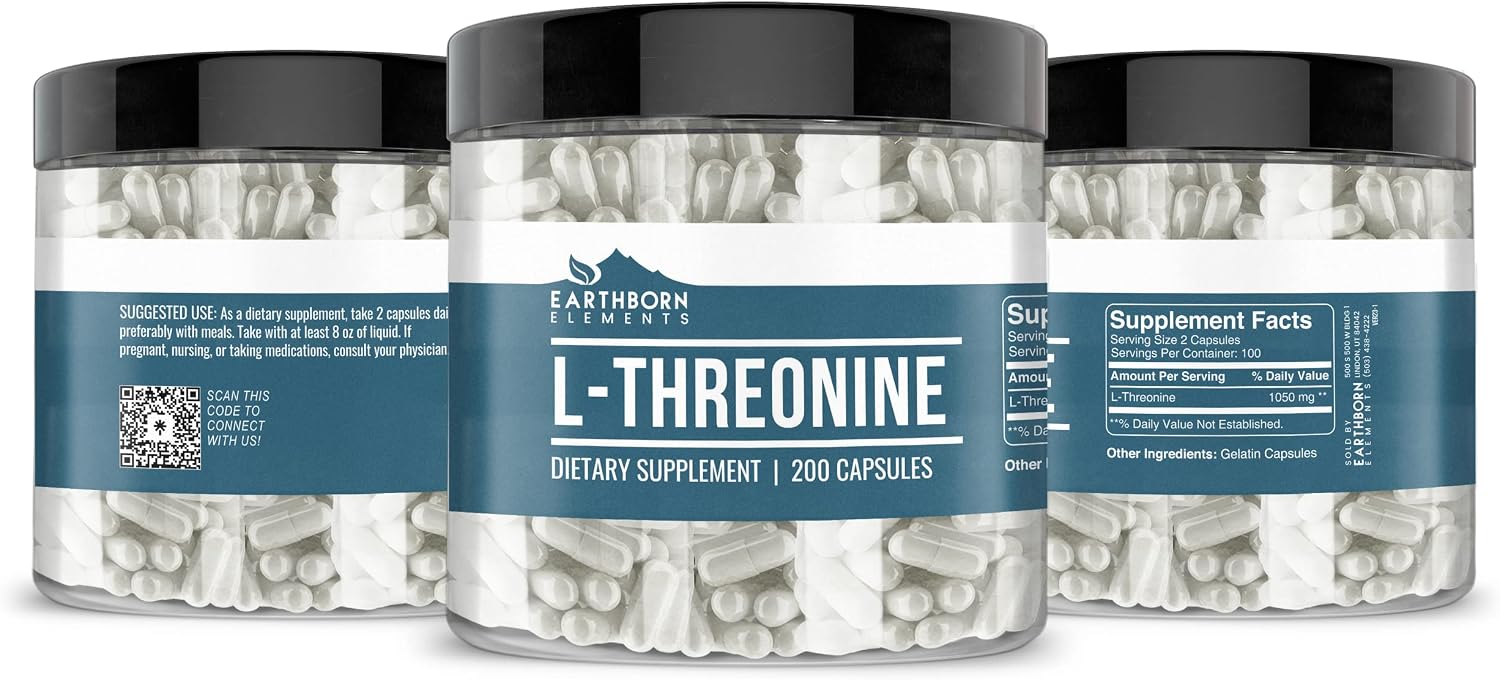 Earthborn Elements L-Treonina 200 Cápsulas, Aminoácido Esencial Puro, Sin Aditivos