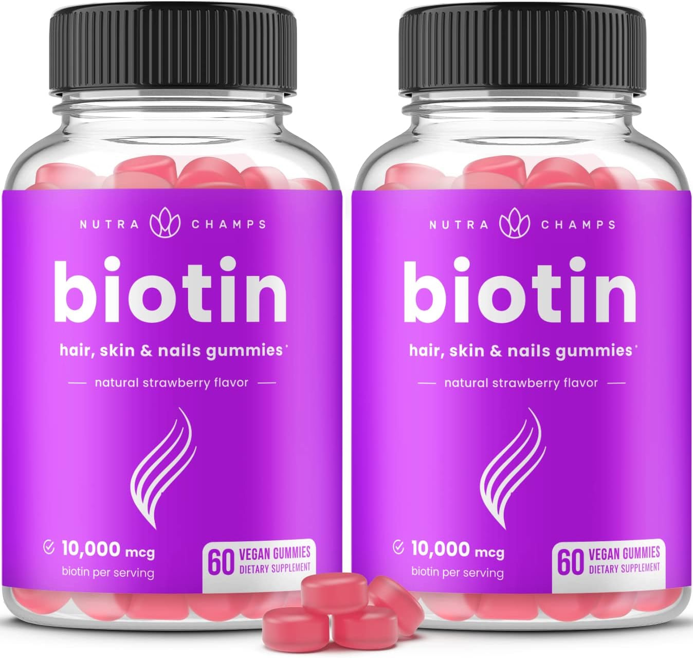 NutraChamps Biotin Gummies 10.000 mcg (2 Pack) - Gominolas de Biotina para Cabello, Piel y Uñas - Vegano, Sin Gelatina