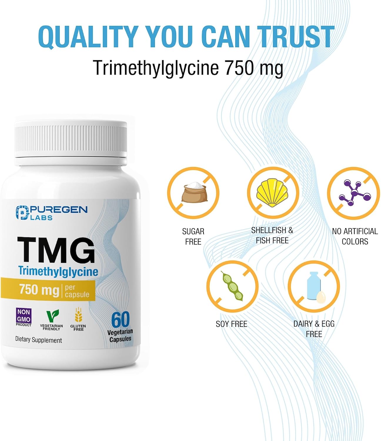 Puregen Labs TMG 750 mg – Trimetilglicina – Sin Gluten, Sin Lácteos, No-GMO – Pack de 3 | 180 Cápsulas Vegetarianas