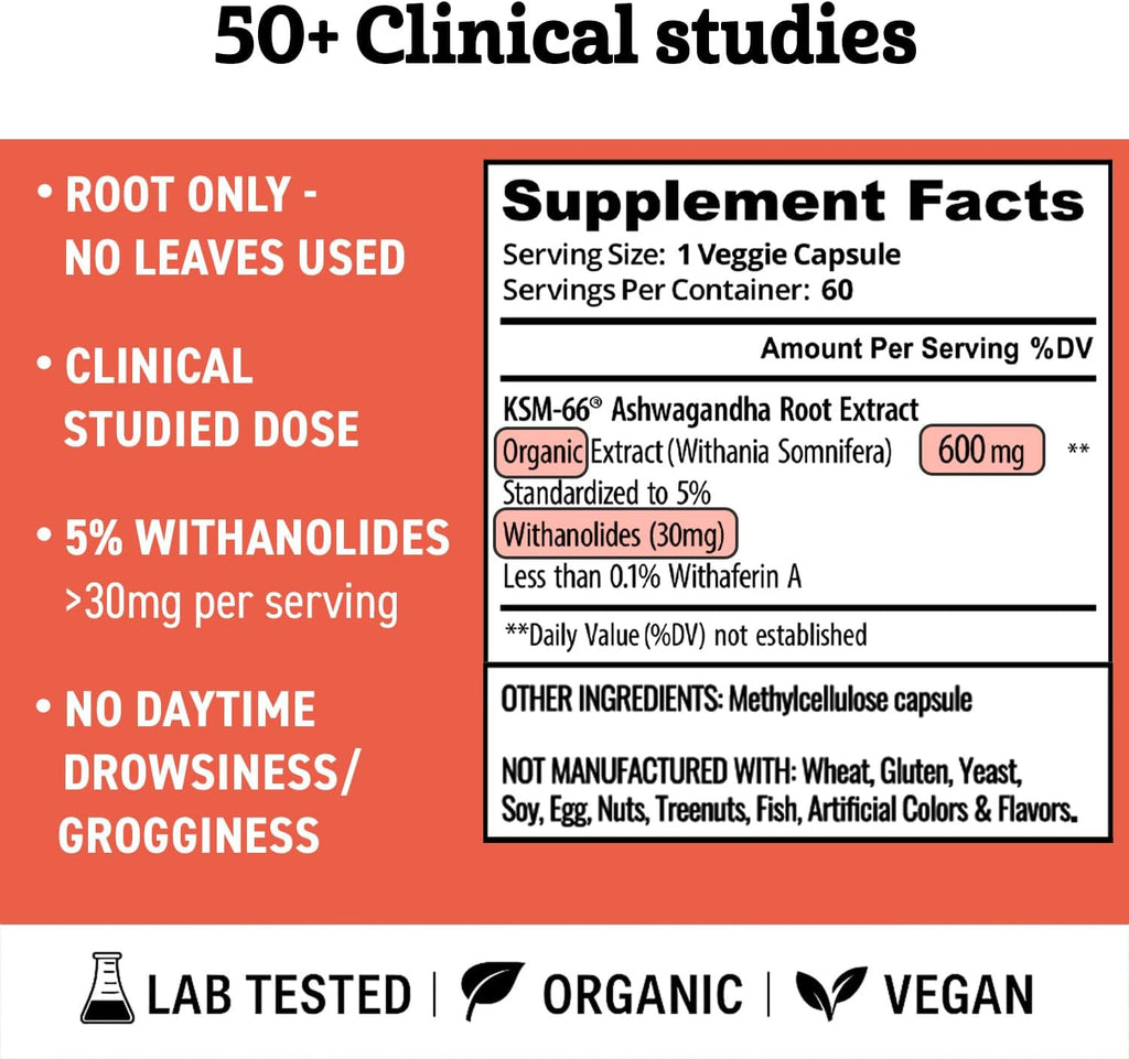 Ashwagandha KSM-66 Orgánica – 600mg por Cápsula, Extracto de Raíz Completo (60 Cápsulas)