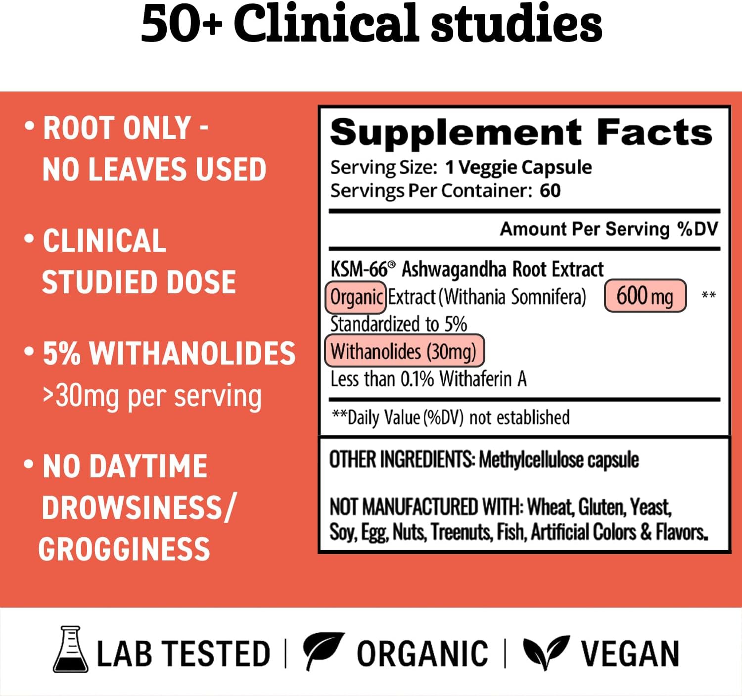 Ashwagandha KSM-66 Orgánica – 600mg por Cápsula, Extracto de Raíz Completo (60 Cápsulas)