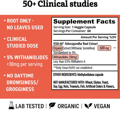 Ashwagandha KSM-66 Orgánica – 600mg por Cápsula, Extracto de Raíz Completo (60 Cápsulas) – Image 5