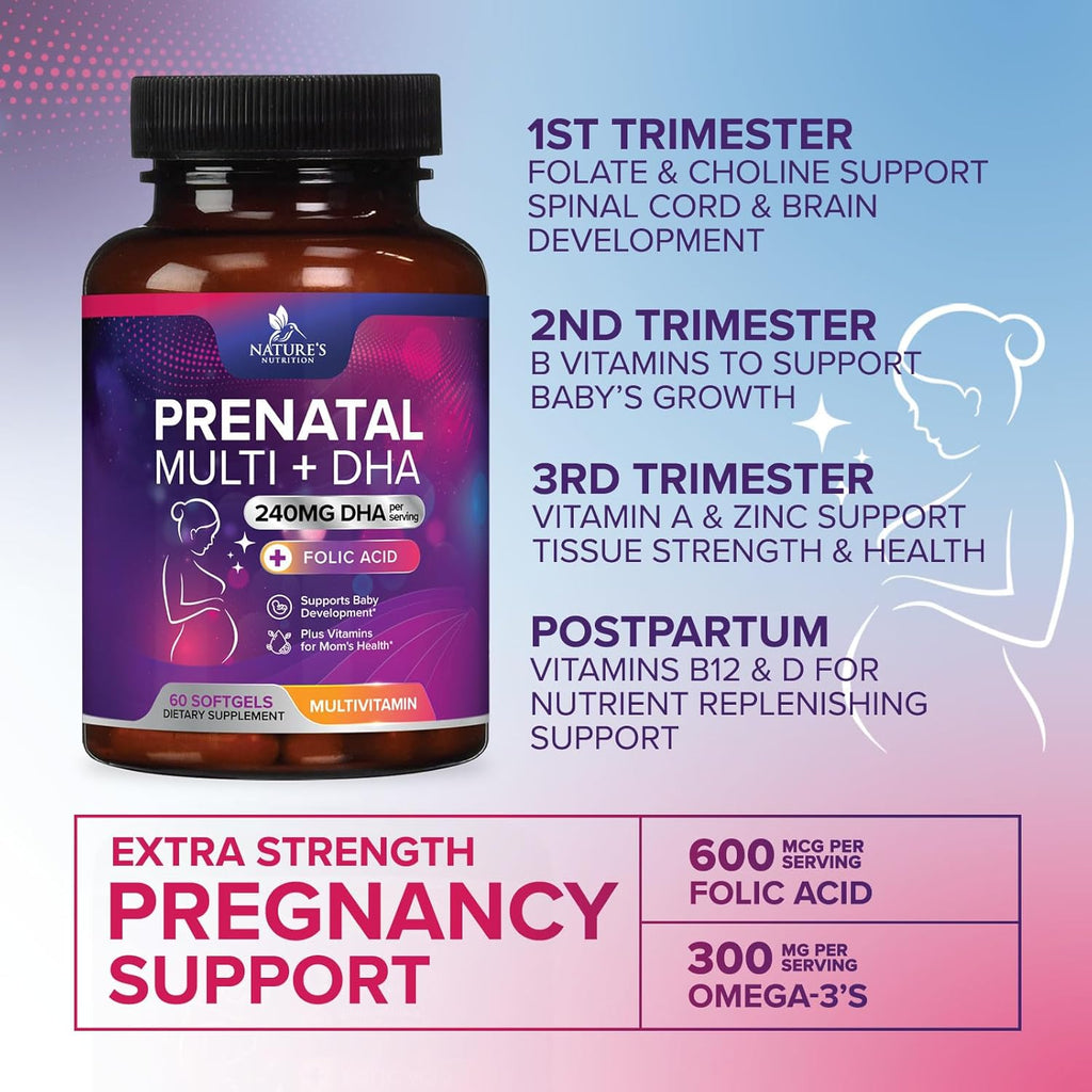 Vitaminas Prenatales con Ácido Fólico y Omega 3 DHA - 60 Cápsulas Blandas