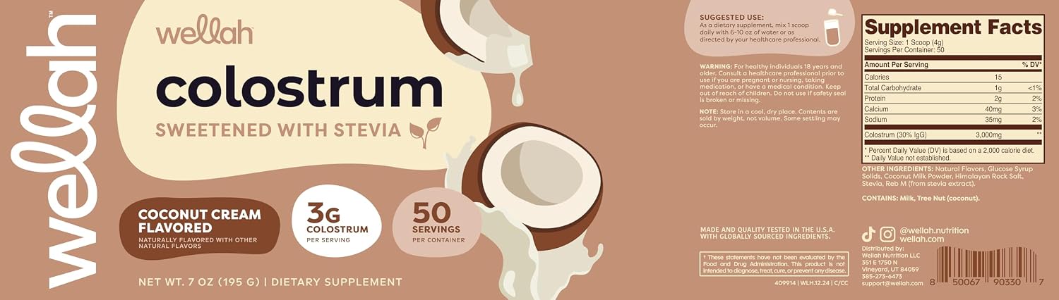 Wellah Colostrum Sabor Crema de Coco (50 Dosis) - Endulzado con Stevia, 3g de Colostro por Dosis, Complemento Alimenticio