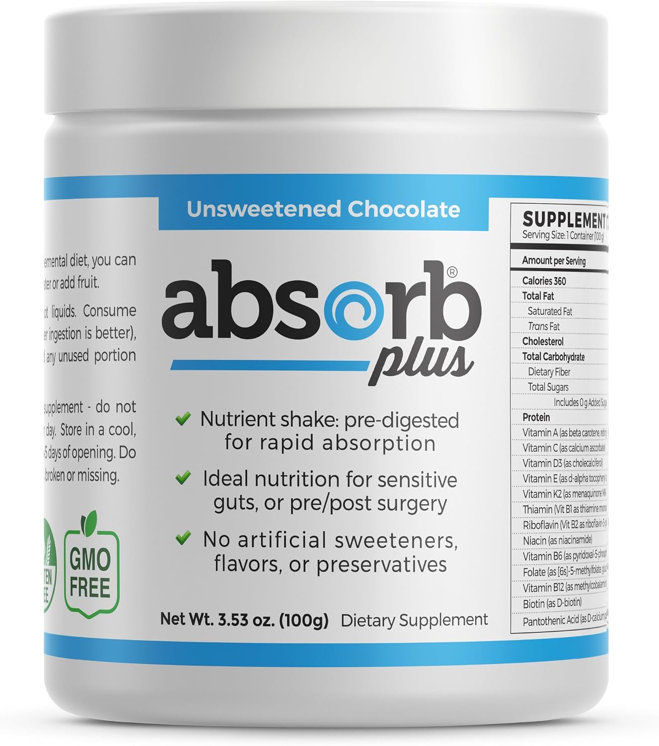 Proteína Aislada - Suplemento Dietético para la Salud Intestinal y Apoyo Nutricional (100 g, Chocolate sin Endulzar)