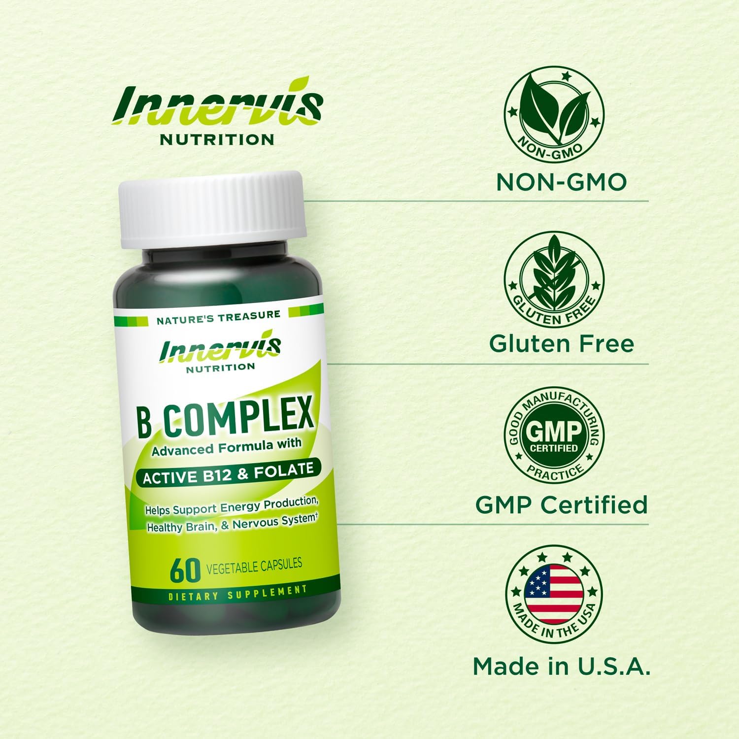 INNERVISNUTRITION Complejo B Bioactivo con B12 y Folato Activos – 60 Cápsulas Veganas