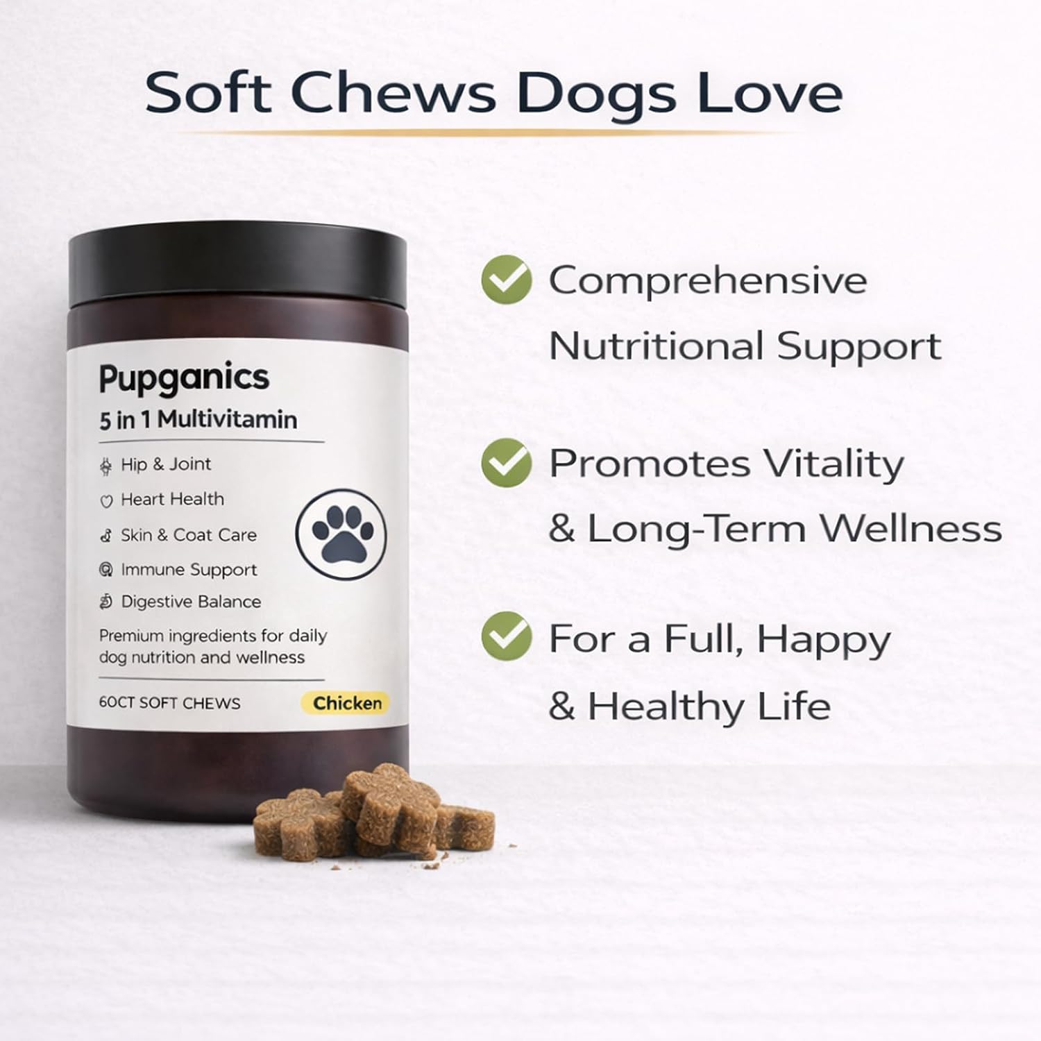 Pupganics Multivitamin Soft Chews para Perros, 60 Masticables