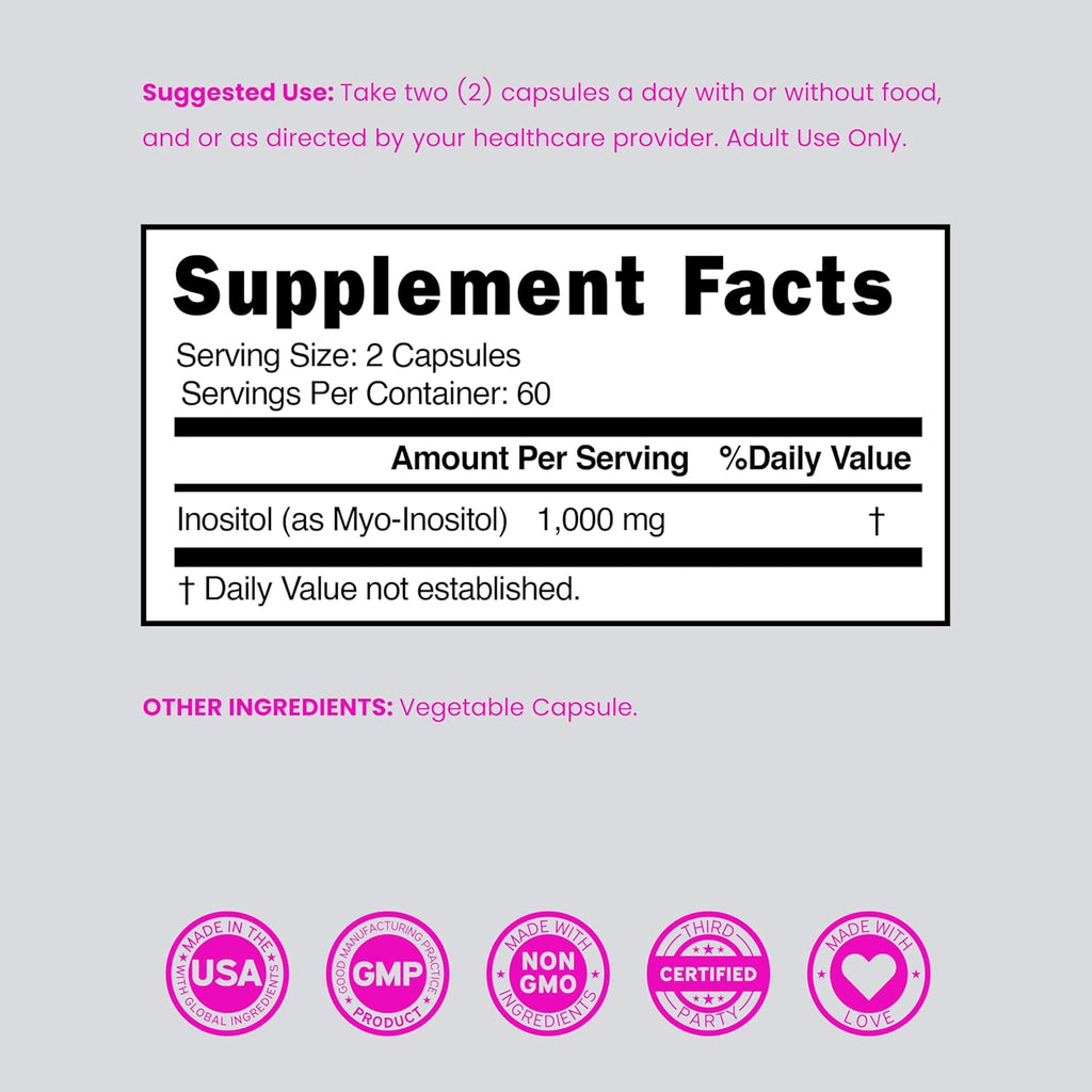 Cápsulas de Inositol (Myo-Inositol) 1000 mg por dosis, 120 cápsulas