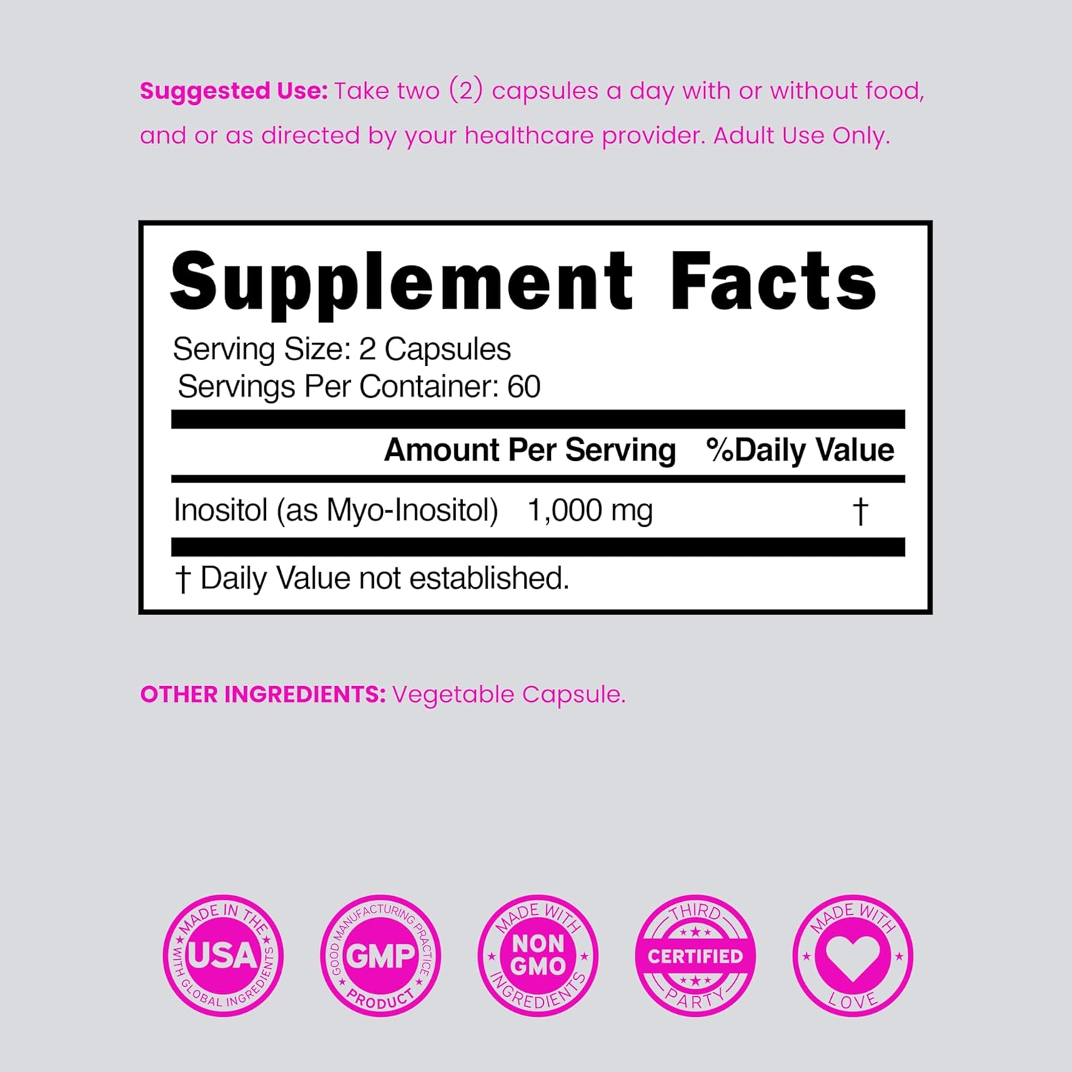 Cápsulas de Inositol (Myo-Inositol) 1000 mg por dosis, 120 cápsulas