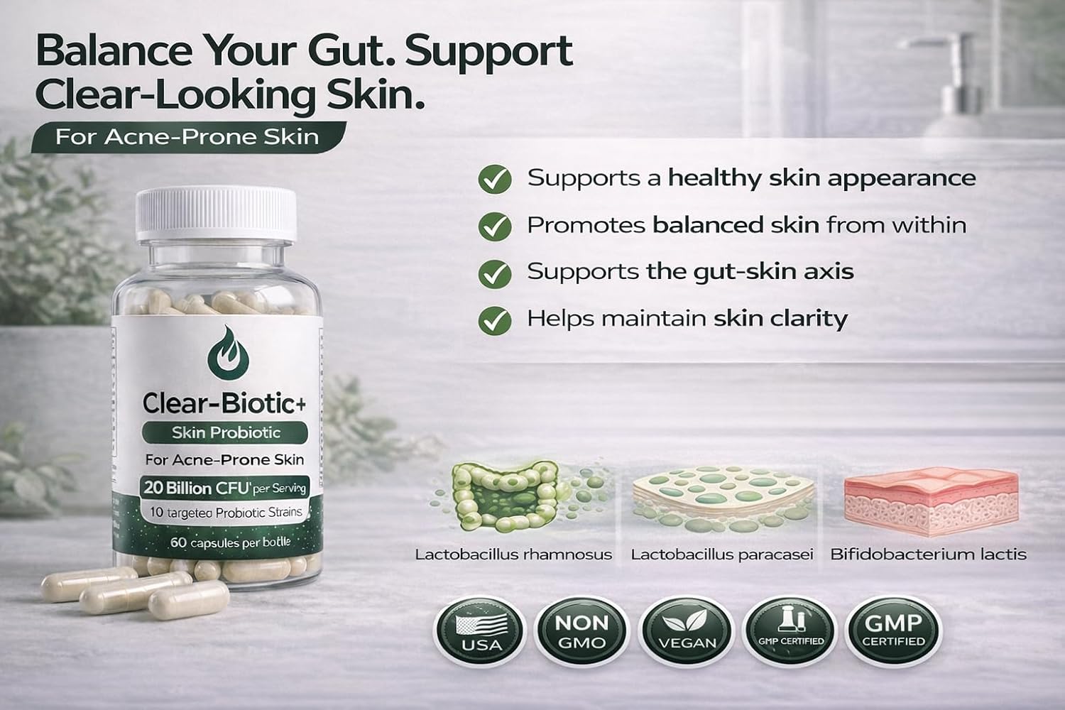 Clear-Biotic Acné Píldoras Probióticas con Vitaminas A, C, E, B2 - 60 Cápsulas