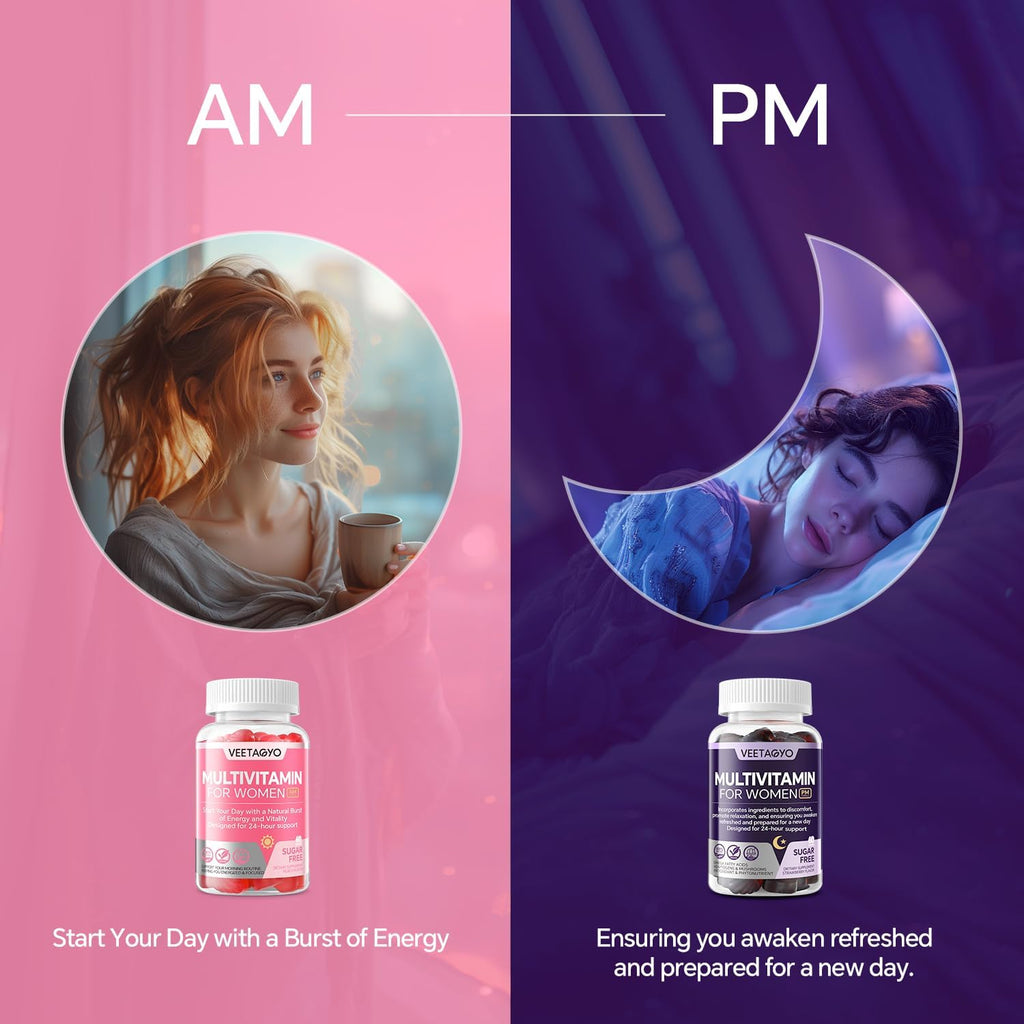 VEETAGYO Multivitamínico para Mujeres AM y PM - Sin Melatonina, con Calcio de Algas, Omega-3, Vitamina D3K2, Magnesio - Sin Azúcar, Vegano, 120 Gomitas