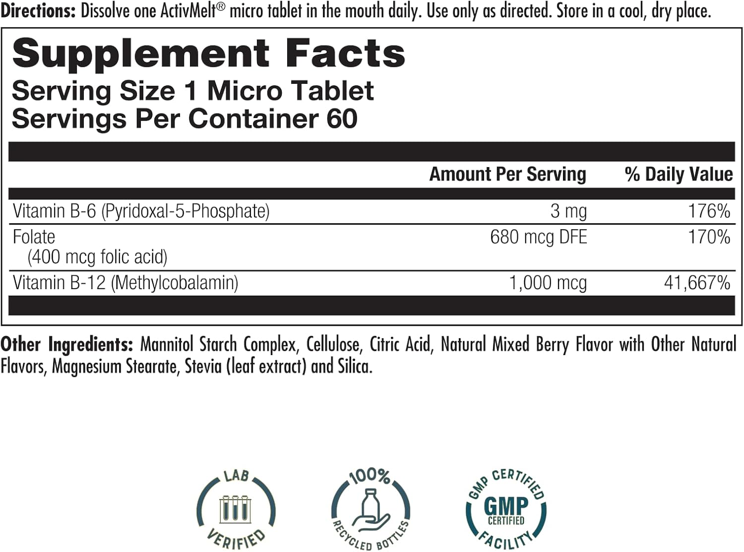 Suplemento de vitamina B-6, B-12 y ácido fólico de KAL, salud cardíaca, energía y apoyo para los glóbulos rojos*, con vitamina B12 metilcobalamina y folato, sabor natural a bayas, 60 porciones, 60 microtabletas ActivMelt