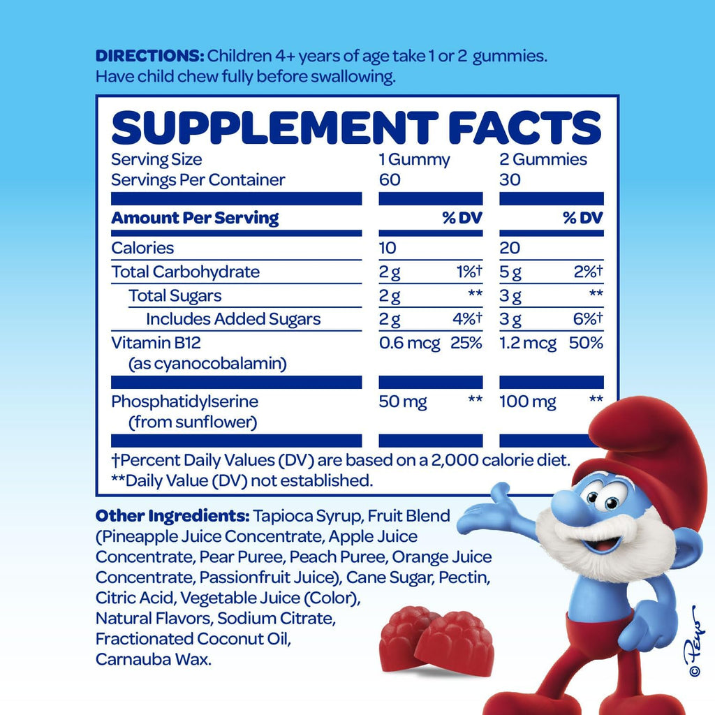 The Smurfs Nootropic Gummies for Kids con Vitamina B12 y Fosfatidilserina - Gominolas de Concentración y Memoria - Sabor Smurf Berry - 60 Gominolas Veganas