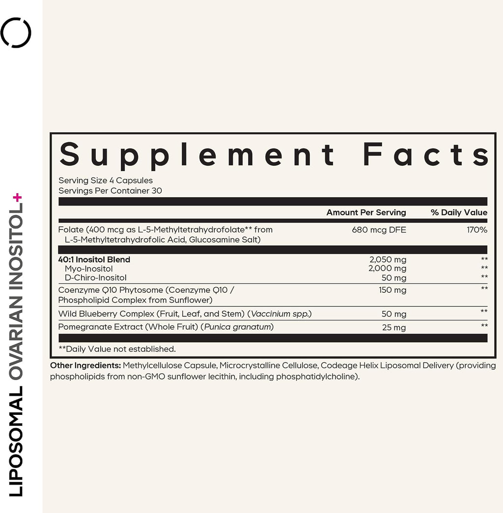 Codeage Liposomal Ovarian Inositol+ - Myo-Inositol y D-Chiro-Inositol 40:1, Folato 5-MTHF, CoQ10, 120 Cápsulas