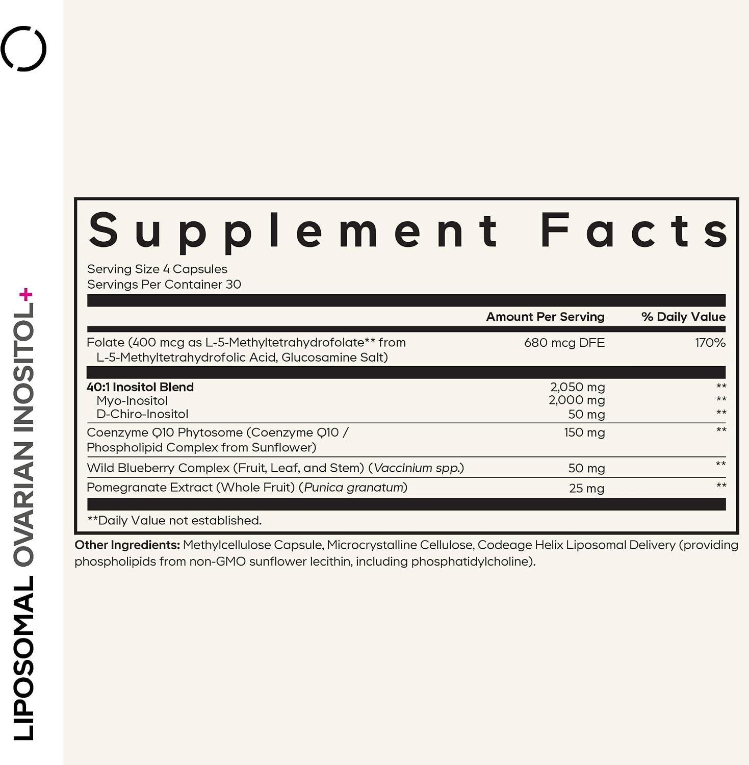 Codeage Liposomal Ovarian Inositol+ - Myo-Inositol y D-Chiro-Inositol 40:1, Folato 5-MTHF, CoQ10, 120 Cápsulas