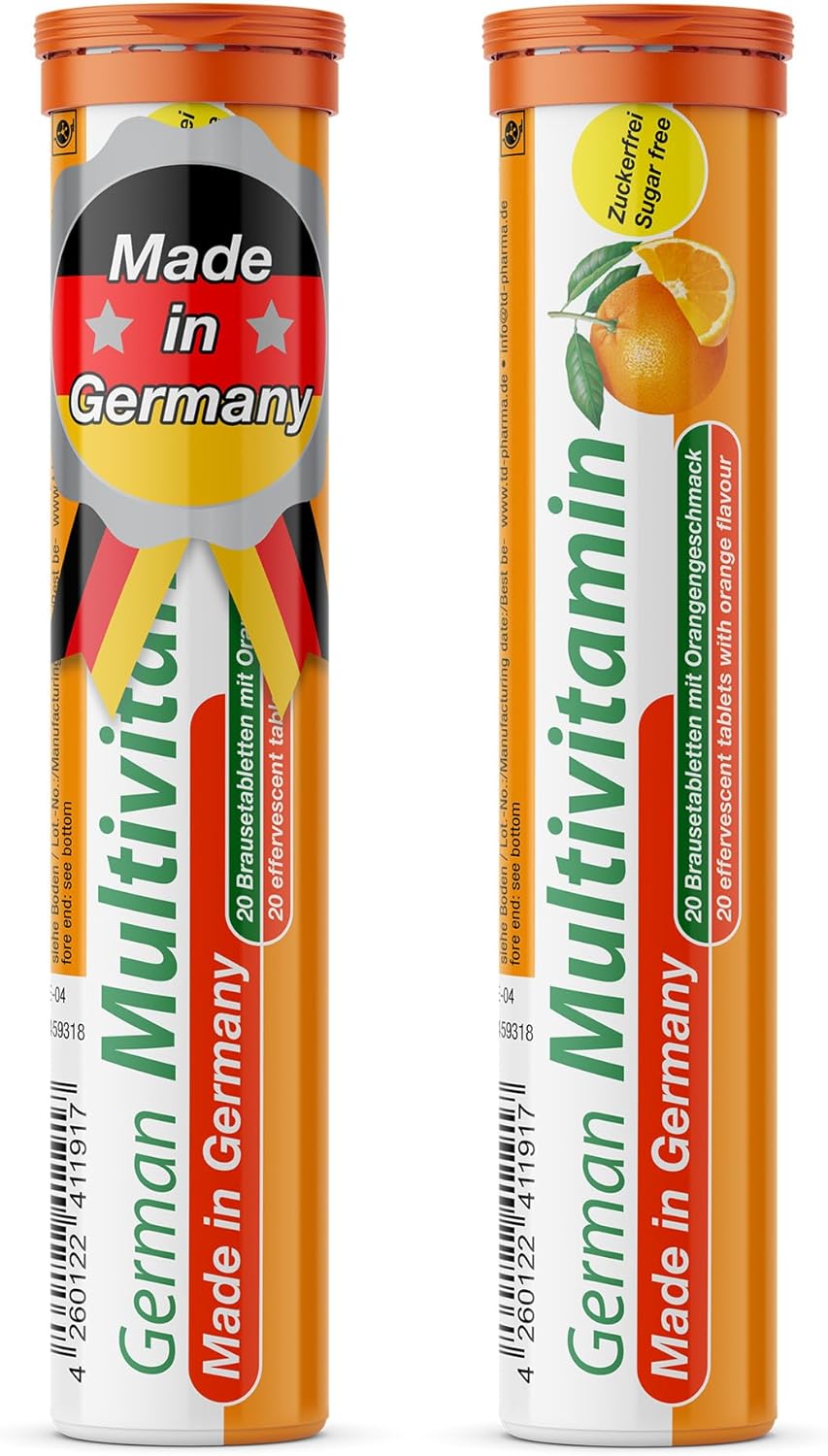 T&D Multivitamínico Alemán 10 Vitaminas - 40 Comprimidos Efervescentes Veganos - Sabor Naranja - Hecho en Alemania