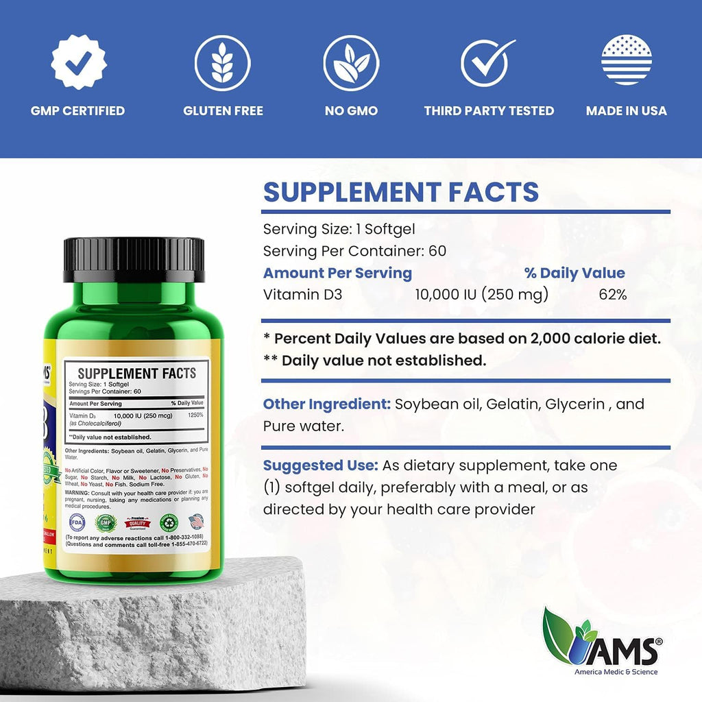 America Medic & Science Xtra D3 Vitamina D 10,000 IU (250 mcg) Complemento de Colecalciferol para Hombres y Mujeres (120 Cápsulas Blandas Fáciles de Tragar)