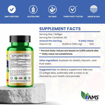 America Medic & Science Xtra D3 Vitamina D 10,000 IU (250 mcg) Complemento de Colecalciferol para Hombres y Mujeres (120 – Image 5