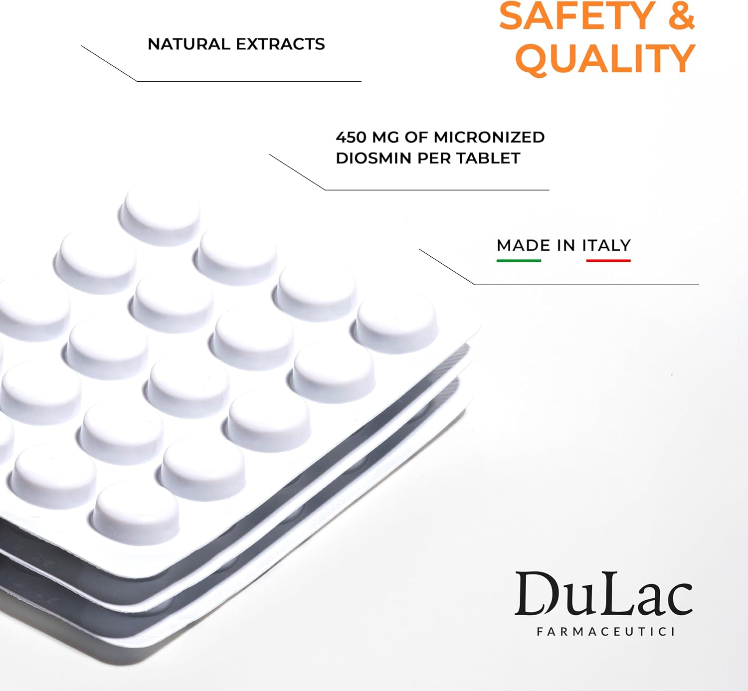 Dulac Dinaven 500 - Suplemento alimenticio con diosmina y hesperidina (1000 mg), extracto de castaño de indias, rusco y uva roja, para el soporte circulatorio de las piernas, 30 comprimidos, fabricado en Italia