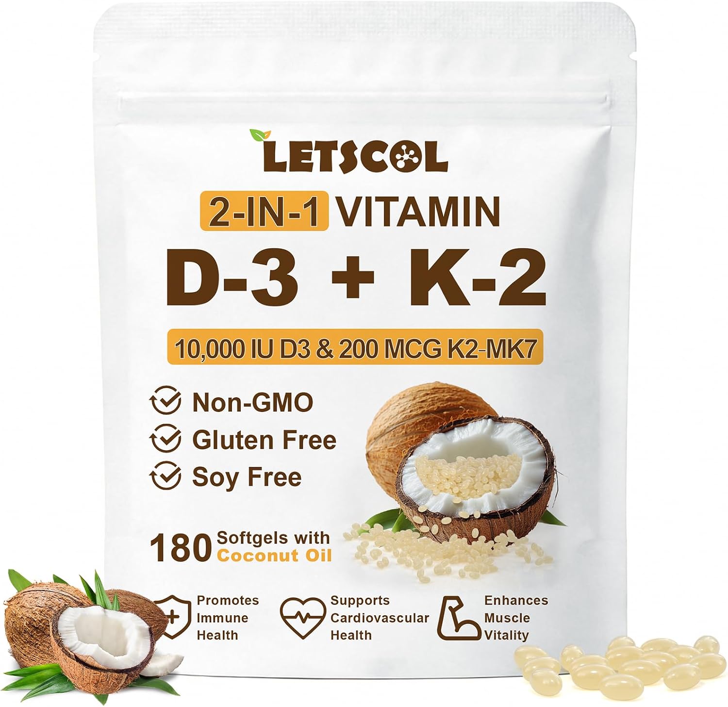 LETSCOL 2-en-1 Vitamina D3 K2 Softgel, 10000 UI de Vitamina D3 y 200 mcg de Vitamina K2 MK-7