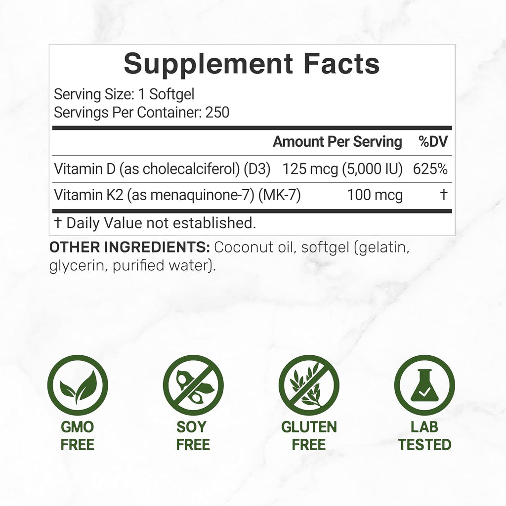 DEAL SUPPLEMENT Vitamina D3 5.000 UI + K2 MK7 100mcg Cápsulas blandas | Complejo 2 en 1 con Aceite de Coco Virgen