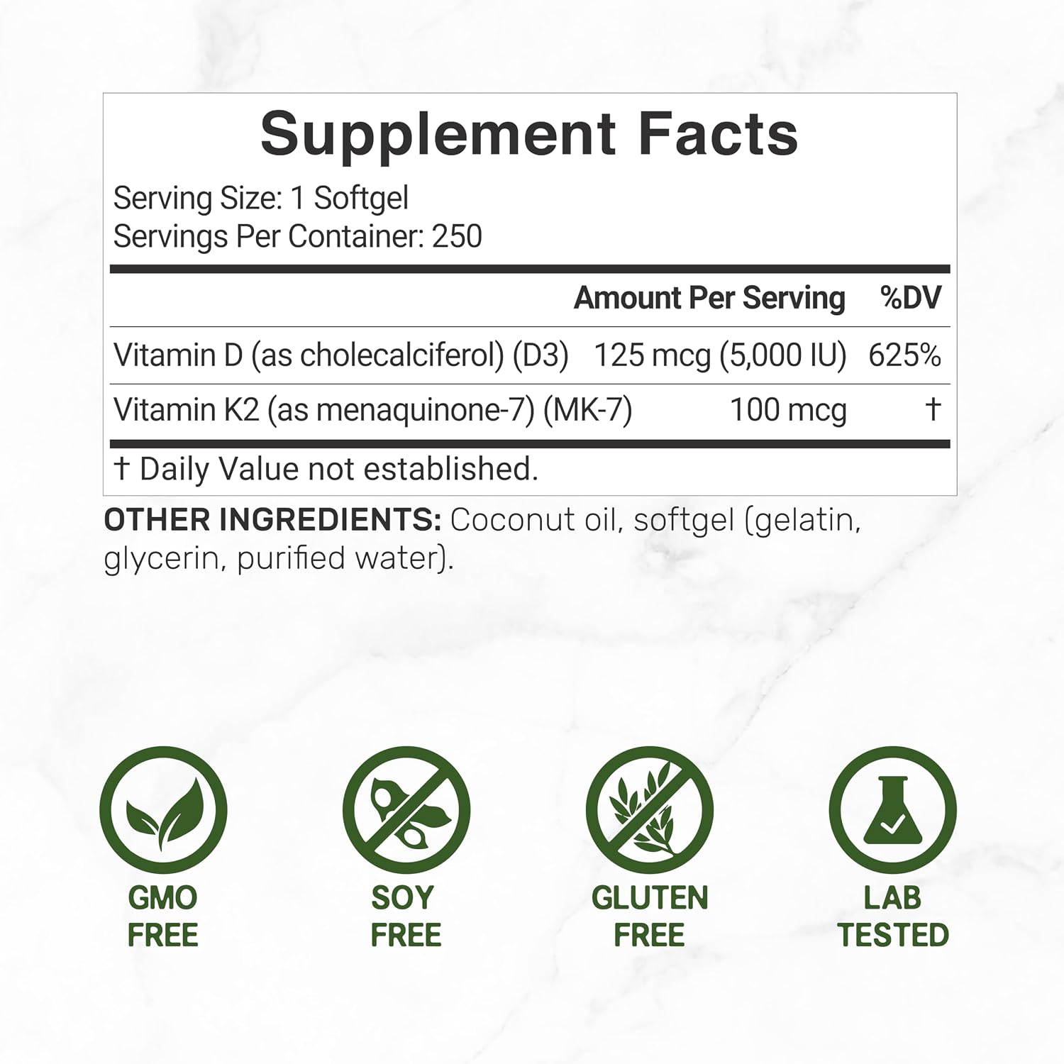DEAL SUPPLEMENT Vitamina D3 5.000 UI + K2 MK7 100mcg Cápsulas blandas | Complejo 2 en 1 con Aceite de Coco Virgen