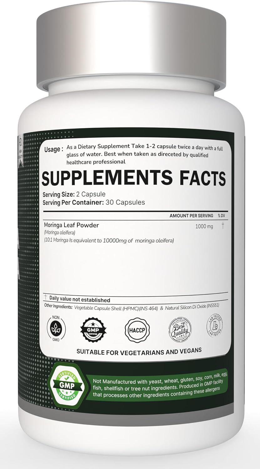 Cápsulas de Moringa Orgánica | Suplemento de Hojas de Moringa para Energía, Metabolismo y Apoyo Inmunitario – 60 Cápsulas