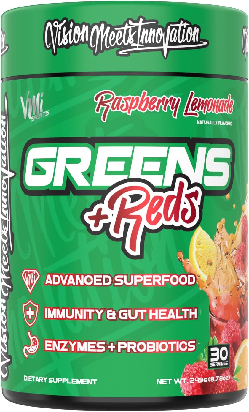 VMI Sports Greens + Reds Superalimento Avanzado con Enzimas y Probióticos - 30 Servicios (Frambuesa Limón)