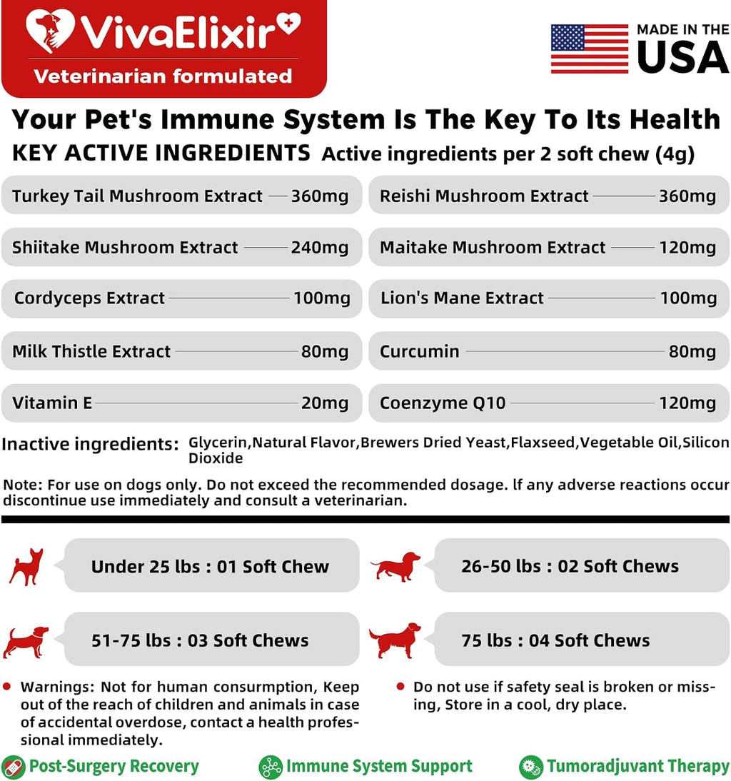 VivaElixir Suplemento para Bultos en Perros - Masticables Inmunológicos con Hongos y Curcumina, 150 uds
