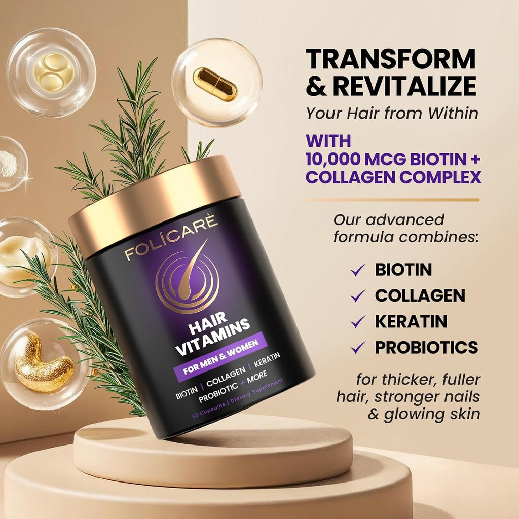 FOLICARE Biotina con Colágeno, Queratina y Probióticos – Suplemento para Cabello, Piel y Uñas