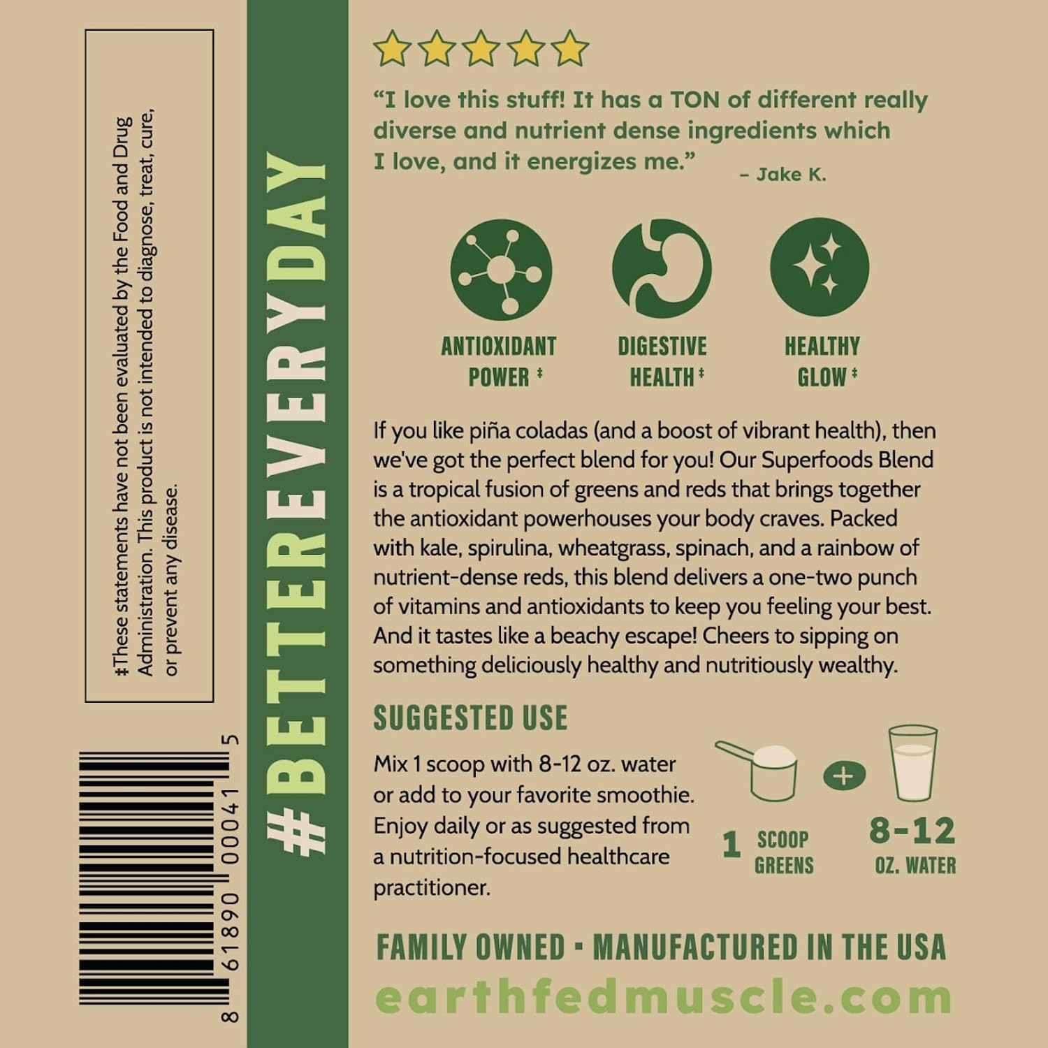 Earth Fed Muscle Greens and Reds Superfoods Blend, Piña Colada – 30 Servicios