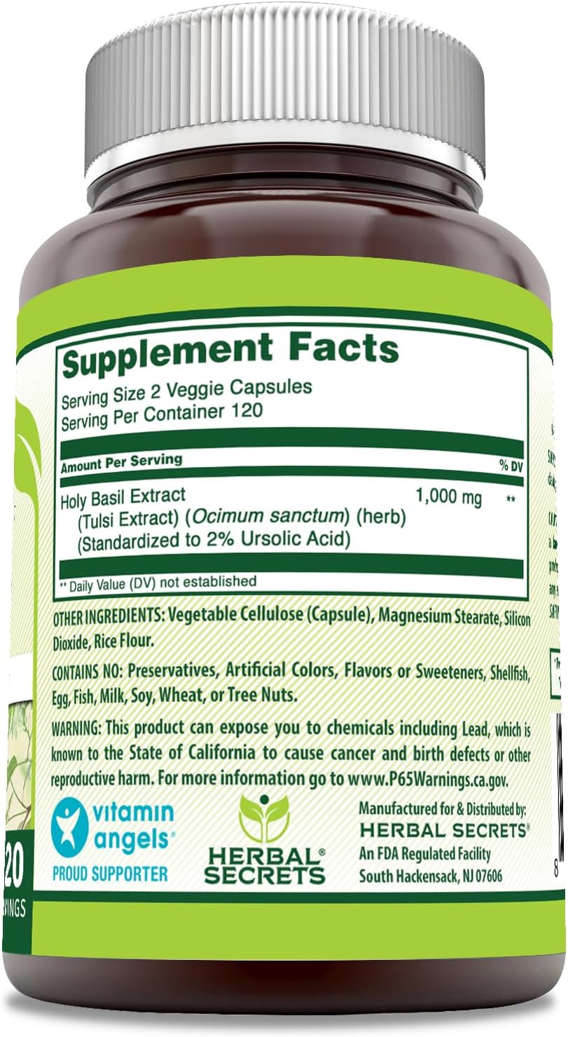 Herbal Secrets Albahaca Sagrada – 1000 mg por dosis – 240 Cápsulas Veganas