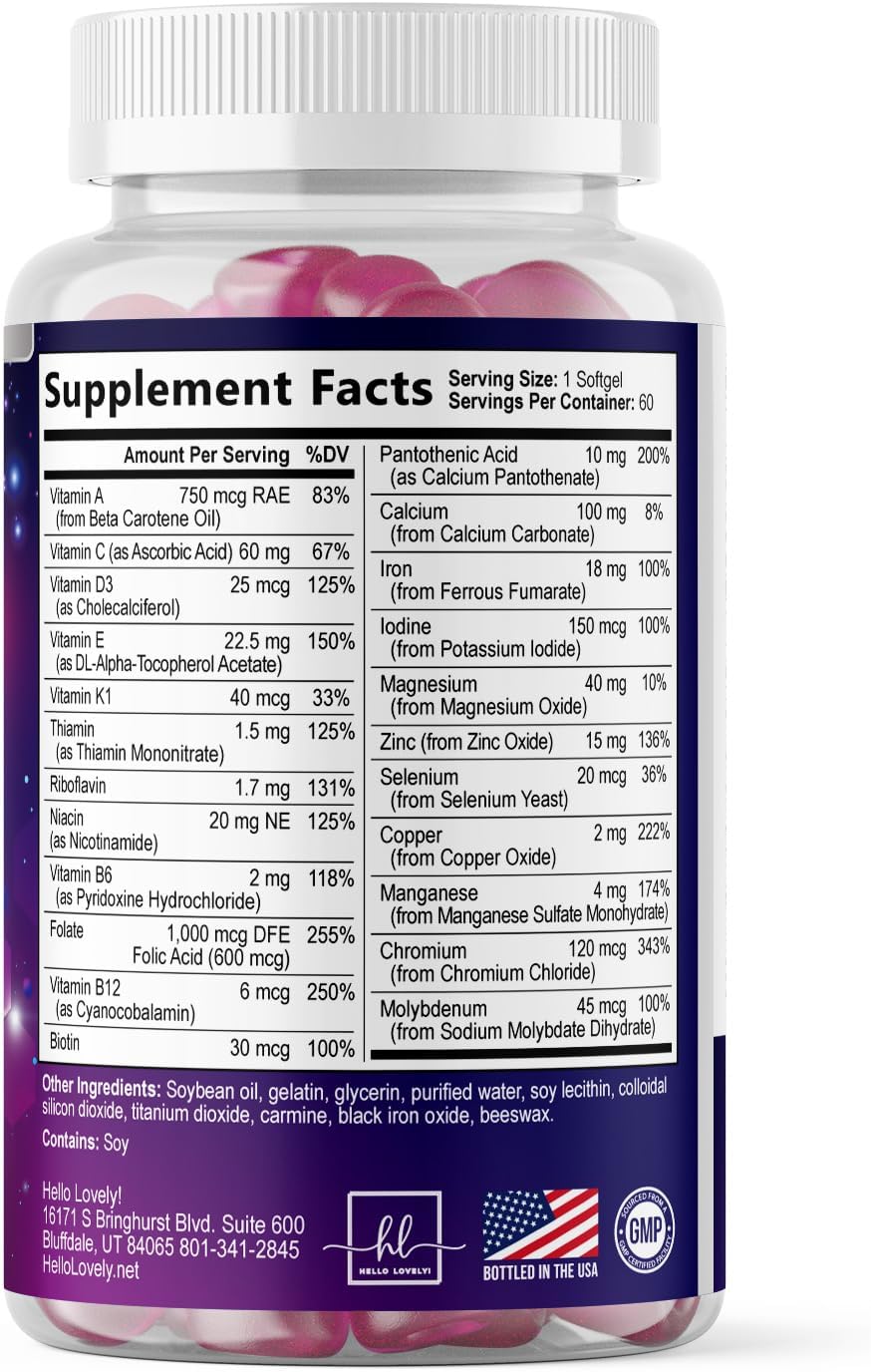 Multivitamínico para Mujeres - Completo Diario con Biotina, Calcio, Ácido Fólico, Hierro, Zinc, Vitaminas A, C, D, E y B - Suplemento para Piel, Cabello y Uñas - 60 Cápsulas Blandas