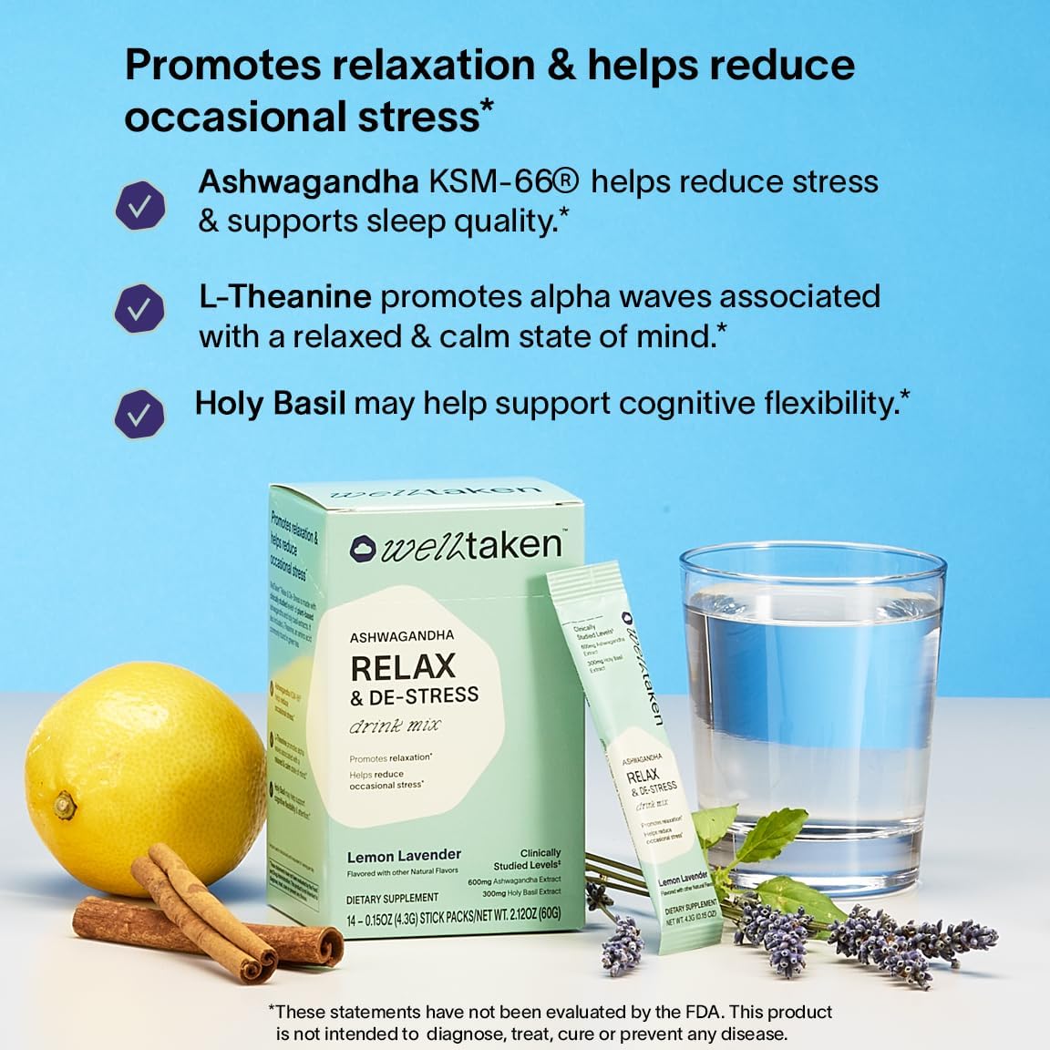 WellTaken Ashwagandha Relax & De-Stress Powder - Limón y Lavanda - 14 sobres