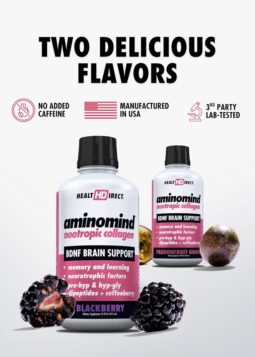 HEALTH DIRECT - AminoMind - Suplemento Nootrópico de Colágeno para la Salud Cerebral y BDNF - Dipéptidos Pro-Hyp e Hyp-Gly, Antioxidantes Coffeeberry - Maracuyá Guayaba - 414 ml (28 Dosis)